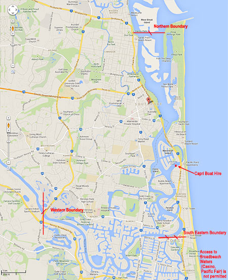 Map of Southport Broadwater with Capri Hire Boat prescribed boundaries