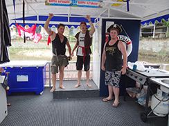 3 Pirates aboard their BBQ Pontoon hire boat on the GParty boat hire Gold Coast