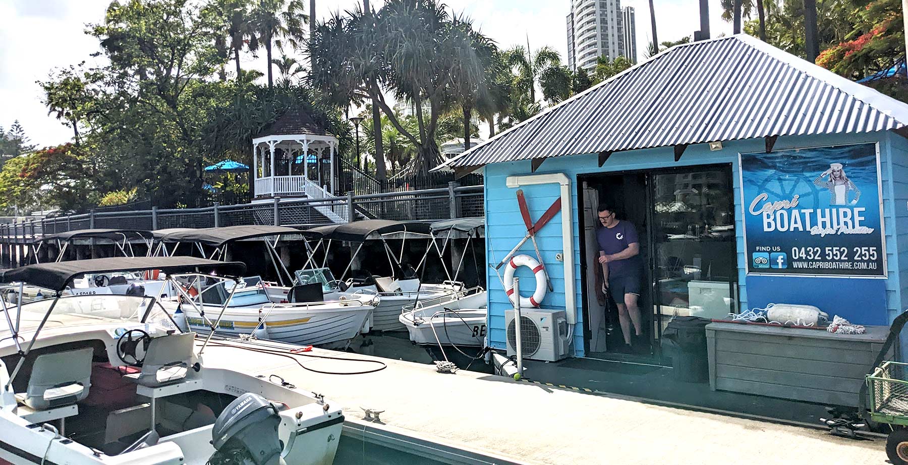Capri Boat Hire office on the Nerang River behind the Marriott Hotel Surfers Paradise